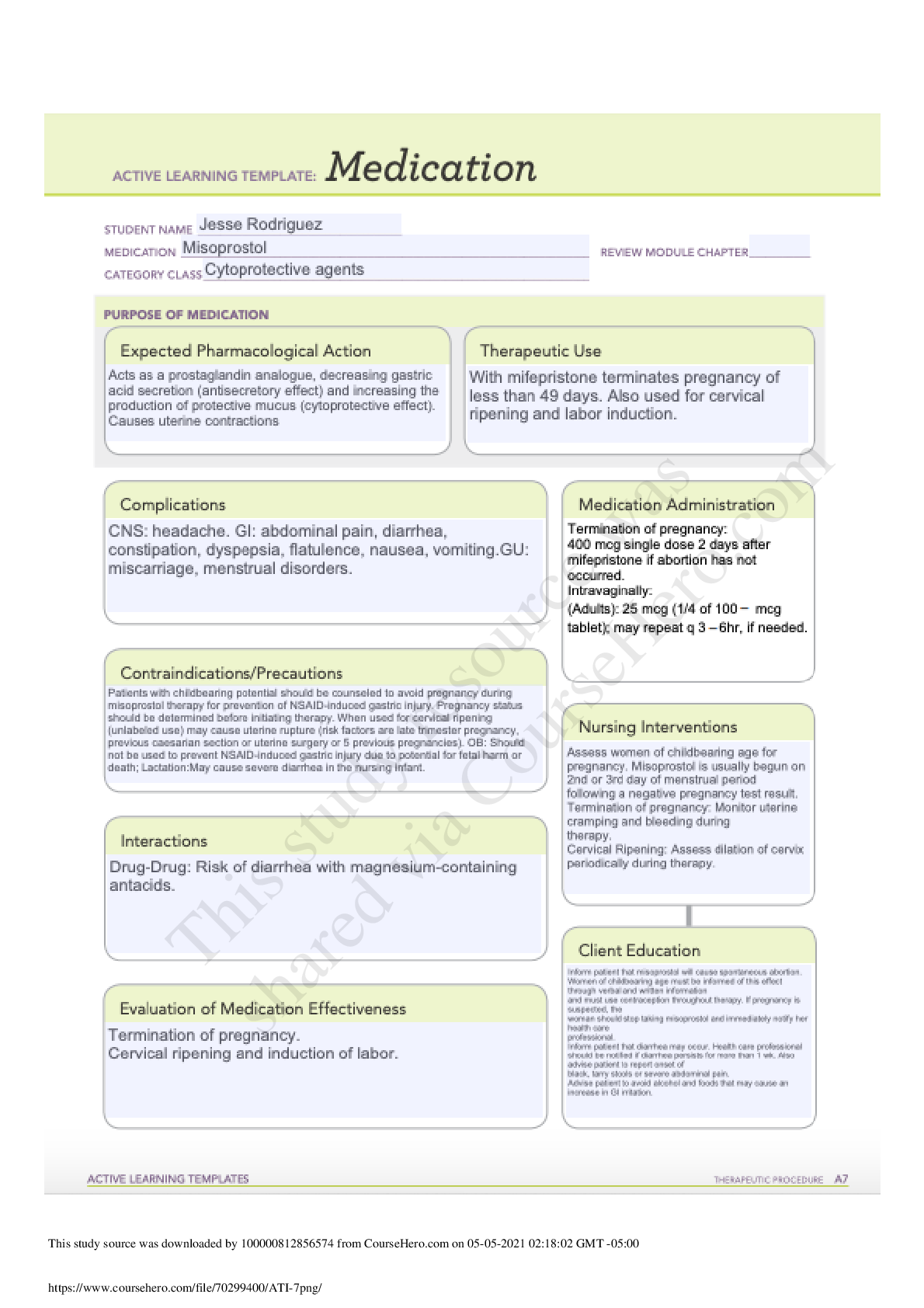 Preview image of MEDICATION MISOPROSTOL ATI Study guide document